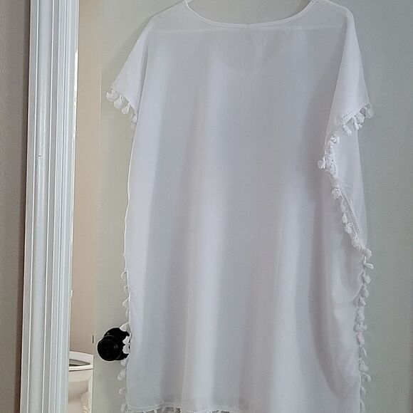 🦋YINKRA White Chiffon Slip on SWIMWUIT COVER-UP round neckline tassles size 8 - Picture 3 of 9
